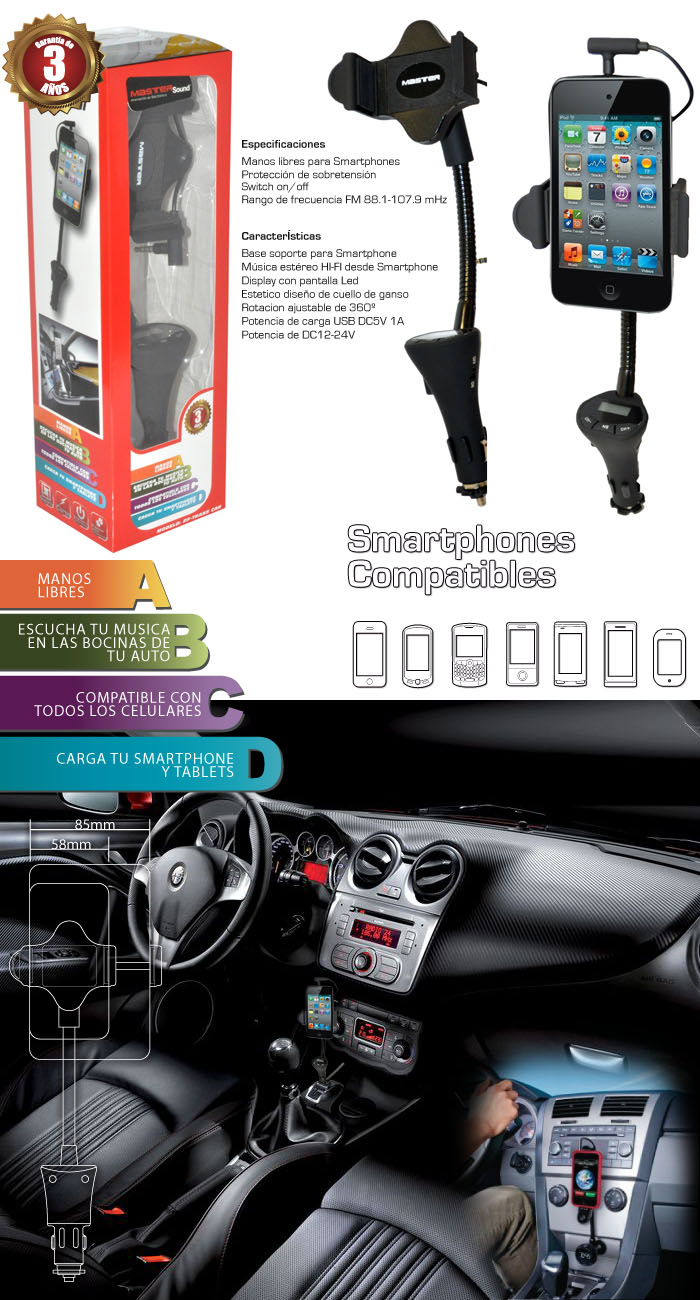 Sopoprte de Telefono Celular para Auto con Cargador Universal Funcion de Manos Libres Radio Rotación 360 Pantalla Led y Protección de Sobrecargas / Master / RF-Trans Car