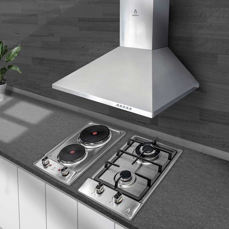 COMBO con campana de pared 60cm, parrilla eléctrica y parrilla de gas SUPRA BRENTA en acero inoxidable