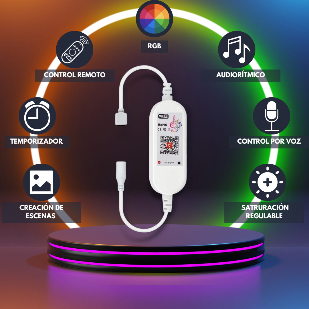 Tira Led Multicolor Neón Audio rítmico Control/App 5mts RGB + WIFI
