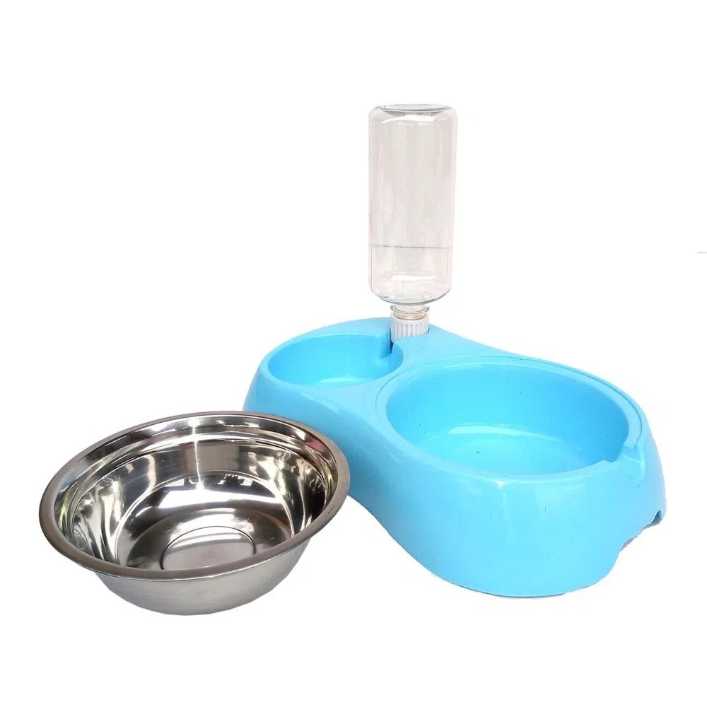 Plato Y Bebedero Para Gatos Y Perros 2 en 1 Azul