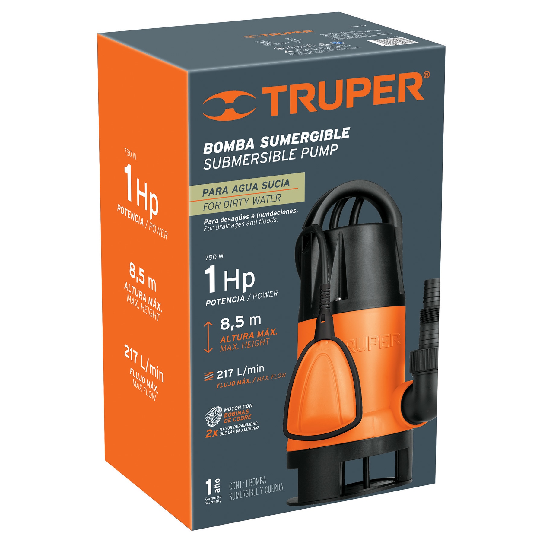 Bomba sumergible plástica para agua sucia 1 HP, Truper