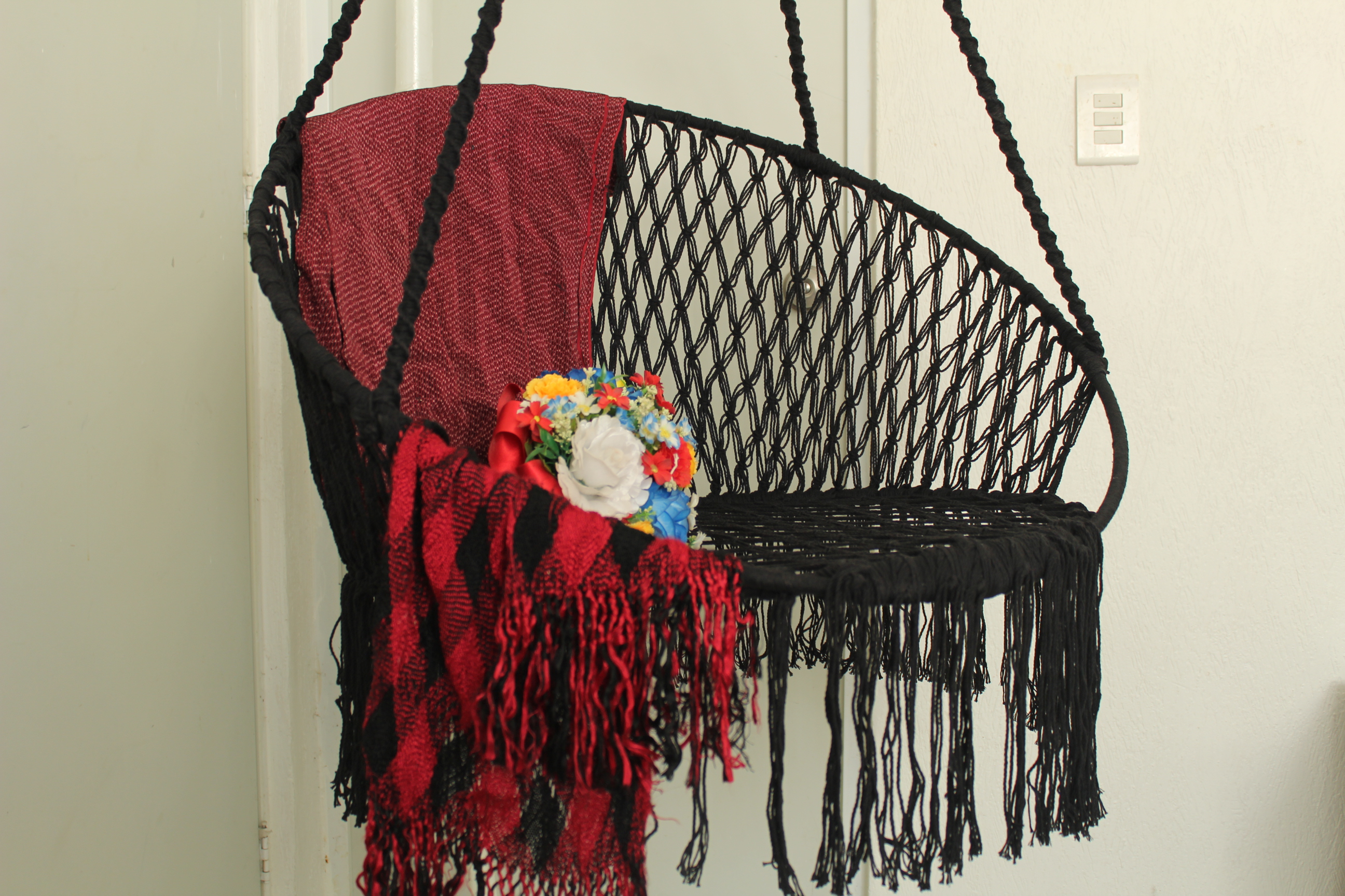 Silla Hamaca Columpio Circular de Algodón Con Macramé Artesanal Negra