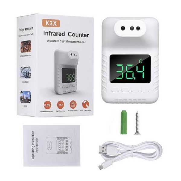 K3X TERMOMETRO INFRARROJO DE PARED CON TRIPIE 2.1mt  VOZ EN ESPAÑOL Y ALARMA P/ ESCUELA  NEGOCIO