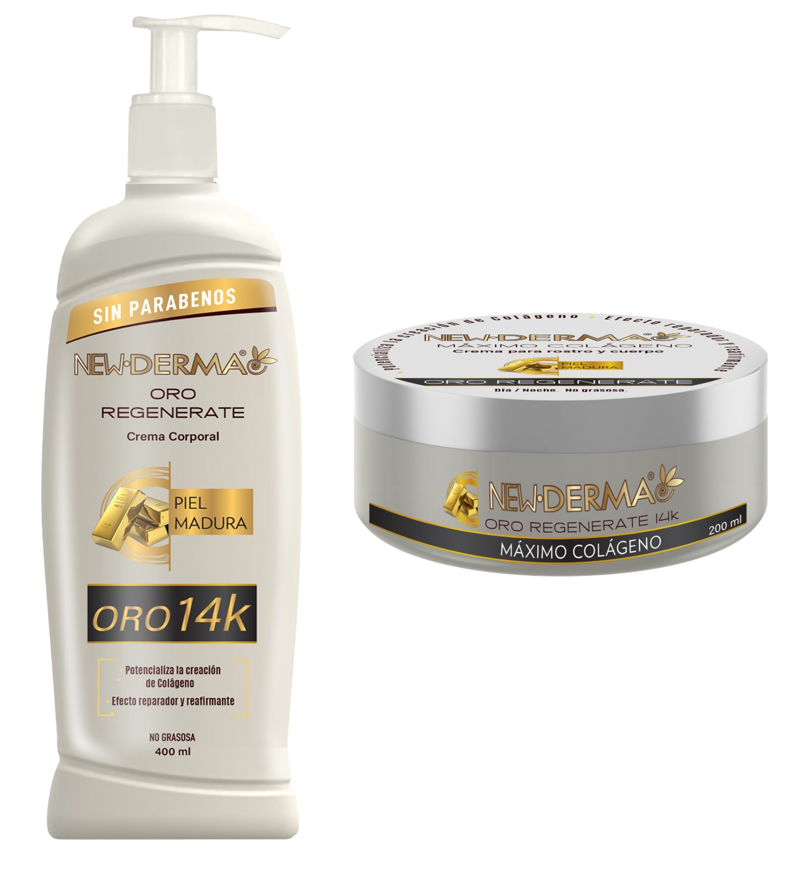 New Derma Crema Corporal Oro 14k Máximo Colageno 200+400 Ml