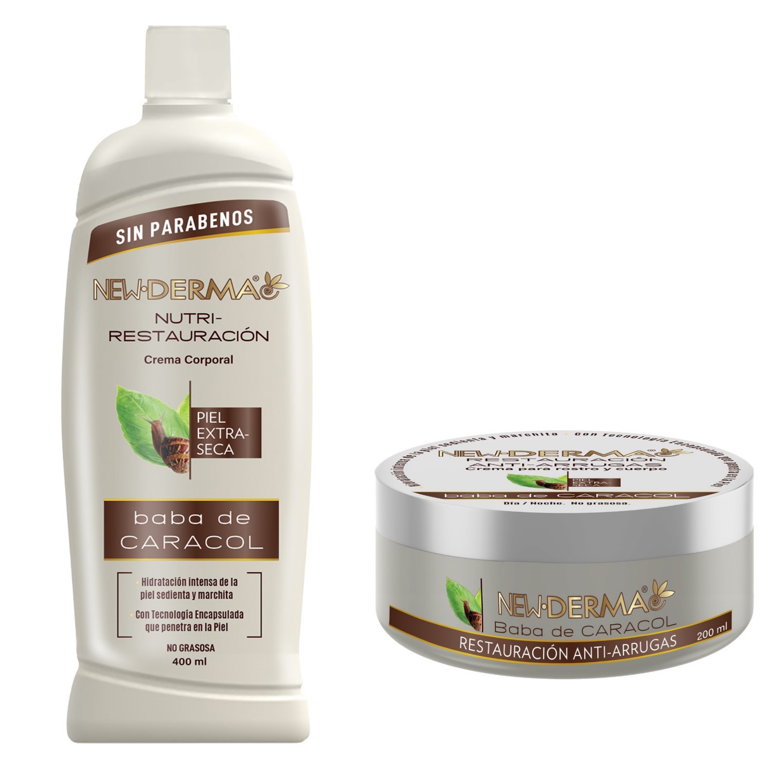 New Derma Crema Corporal Baba De Caracol 200 + 400 Ml - 2 Pz