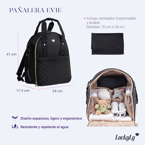 LuckyLy Pañalera Mochila de Bebé Moderna con Múltiples Compartimentos, Incluye Cambiador, Modelo Evie, Negro