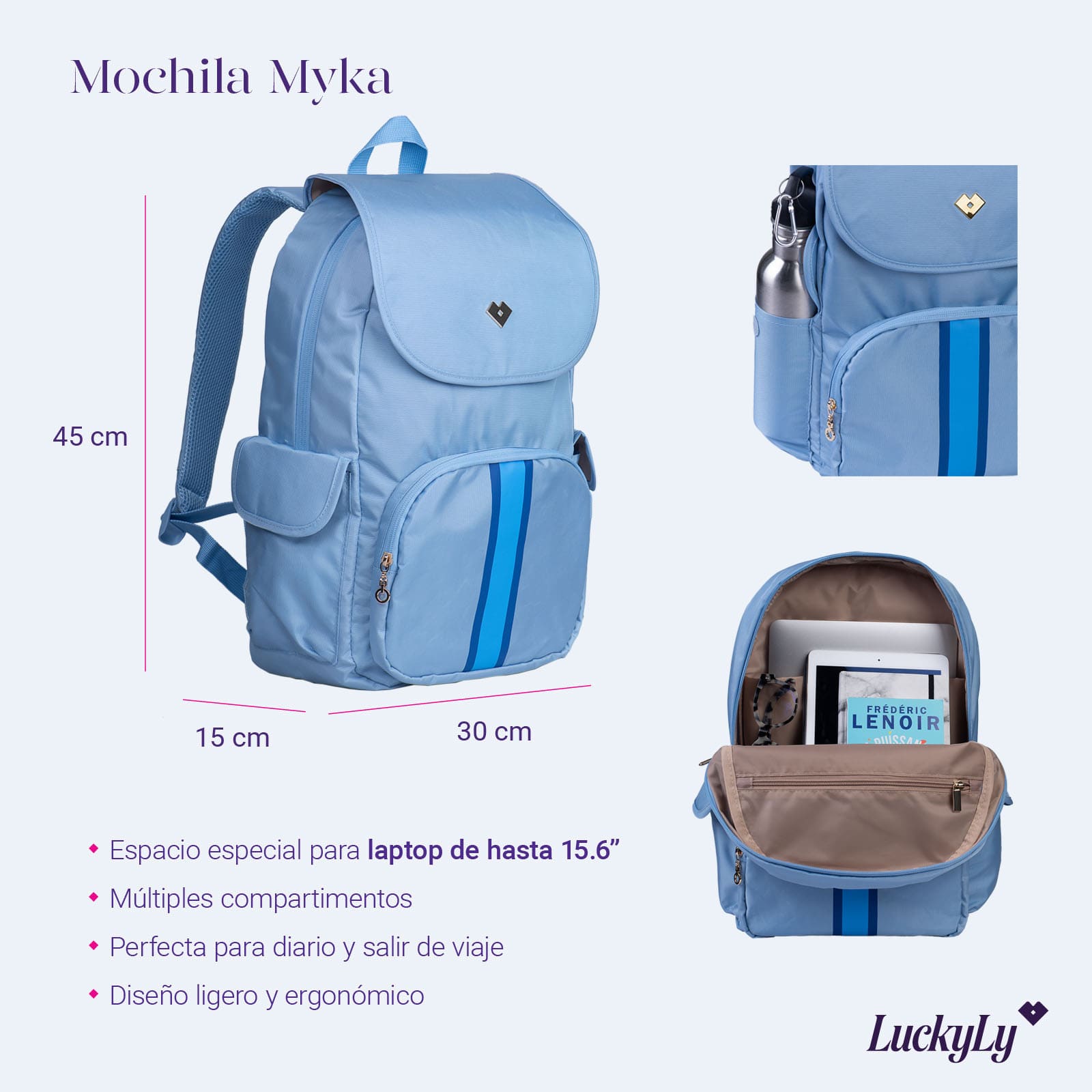 LuckyLy Mochila para Laptop Mujer hasta 15.6 Pulgadas, Moderna con Múltiples Compartimentos, Modelo Myka, Azul