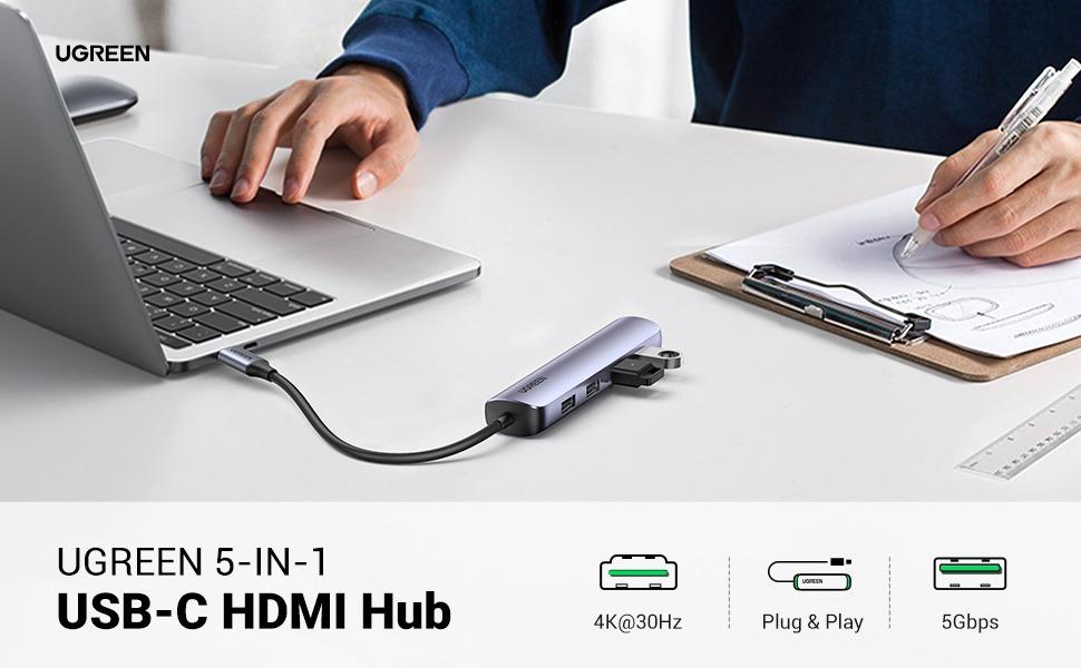 Hub 5 En 1 Adaptador Tipo-c A 4 Usb 3.0+hdmi Ugreen