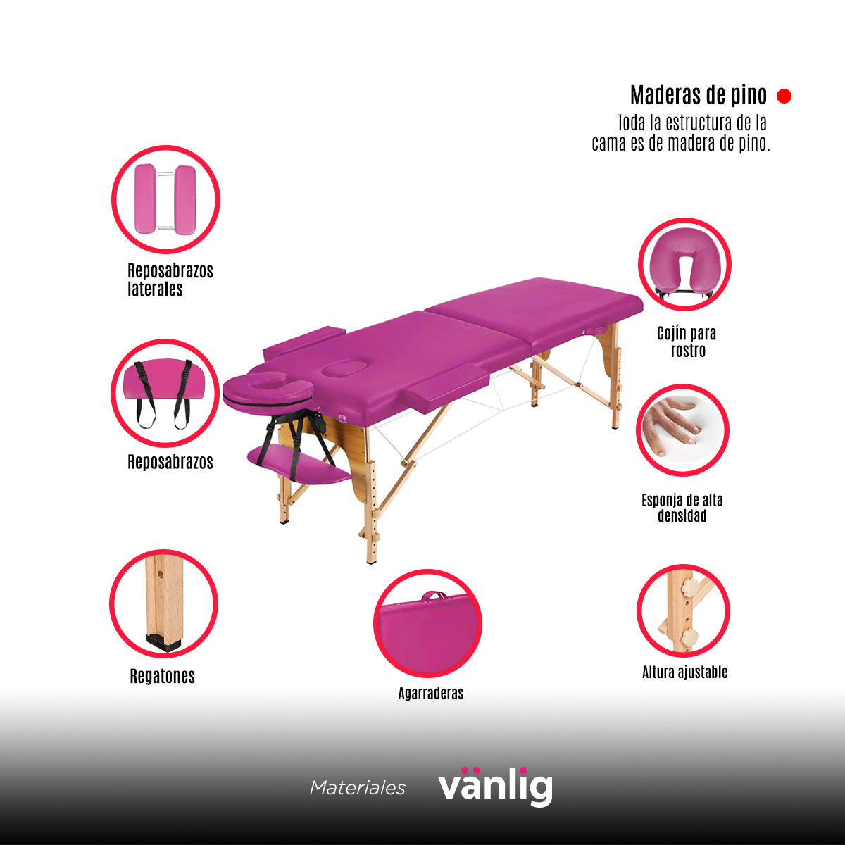 Camilla Plegable Rosa De Masajes Portátil Spa Tattoo Madera Tatuajes Uñas Belleza   