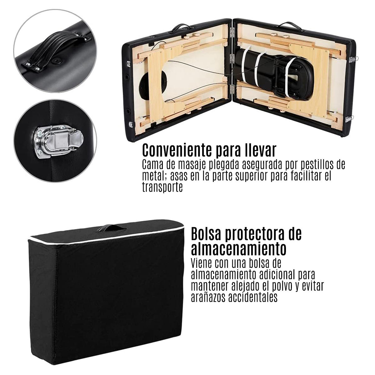 Camilla Plegable Negra De Masajes Portátil Spa Tattoo Madera Tatuajes Uñas Belleza