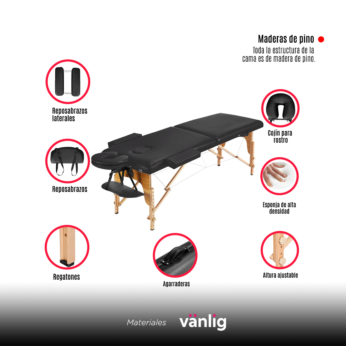 Camilla Plegable Negra De Masajes Portátil Spa Tattoo Madera Tatuajes Uñas Belleza