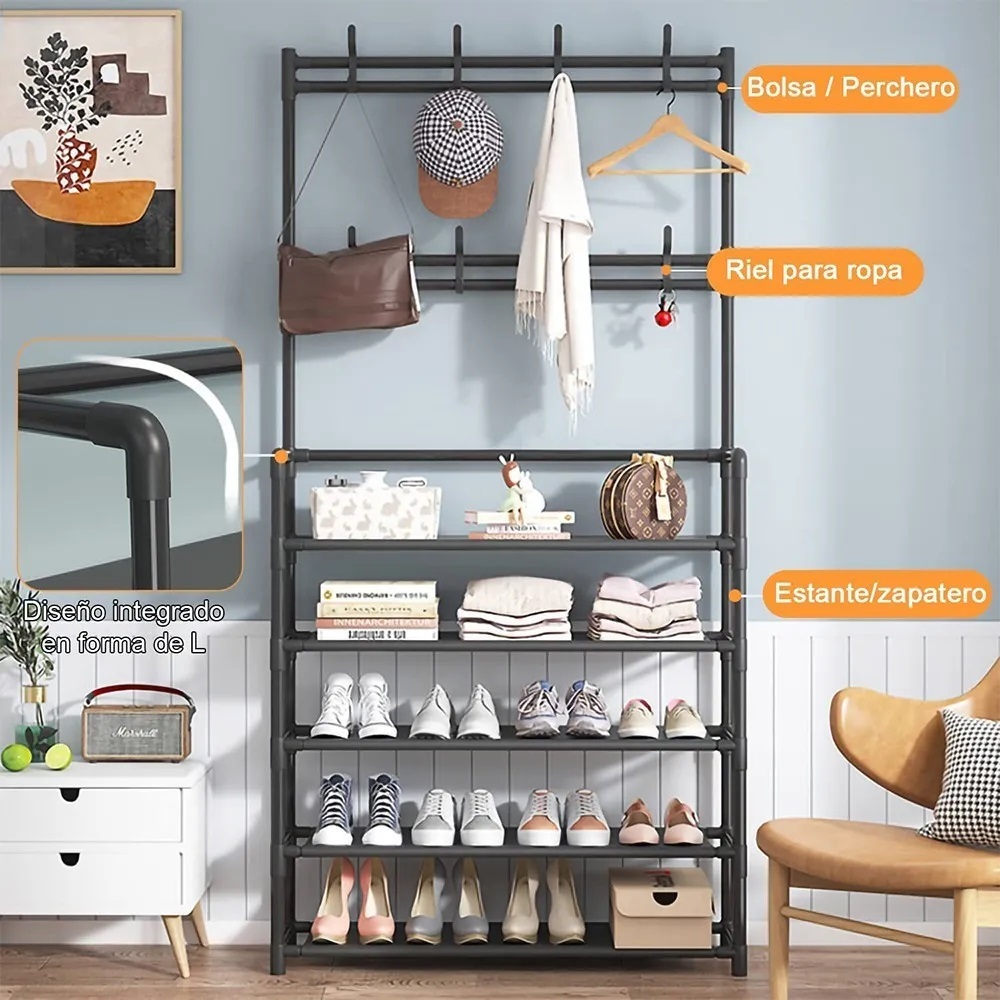 Multifunción Zapatero Perchero Y Sombrerero Negro