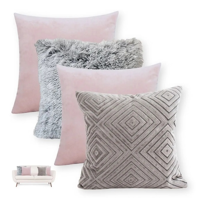 Juego 4 Fundas Cojín Decorativo Sillón Velvet Felpa Peluche Gris, Decoración Rosa