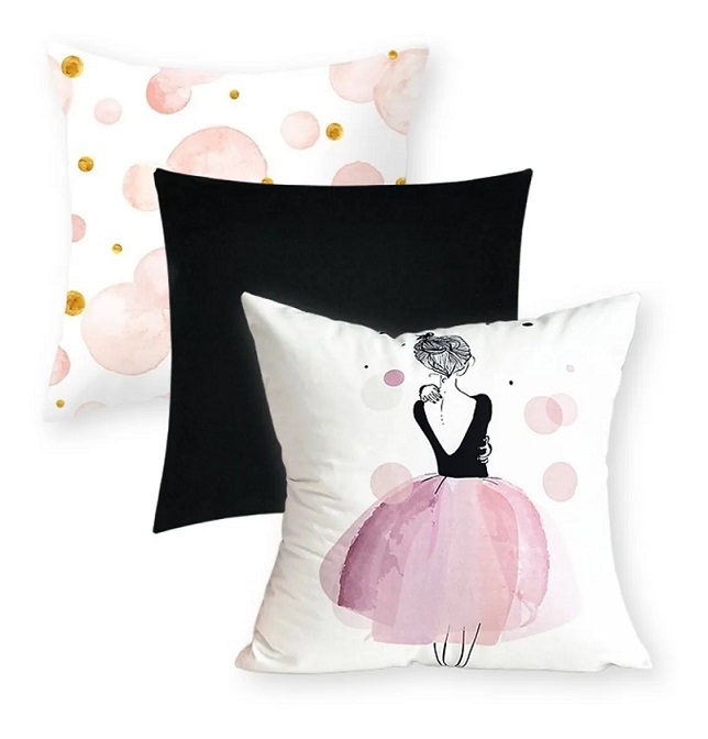 Juego 3 Fundas para Cojín Decorativo Velvet Serie Rosa con Negro, Decoración Bailarina Ballet