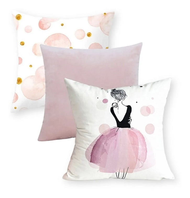 Juego 3 Fundas para Cojín Decorativo Velvet Rosa, Decoración Bailarina Ballet