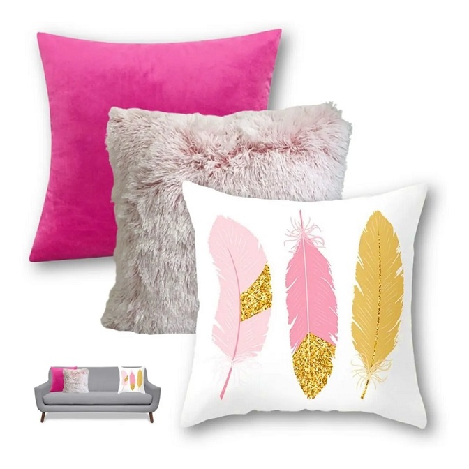 Juego 3 Fundas para Cojín Decorativo Velvet Rosa Chicle y Peluche Felpa Rosa, Decoración Plumas