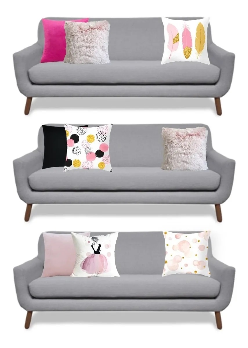 Juego 3 Fundas para Cojín Decorativo Velvet Rosa Chicle y Peluche Felpa Rosa, Decoración Plumas