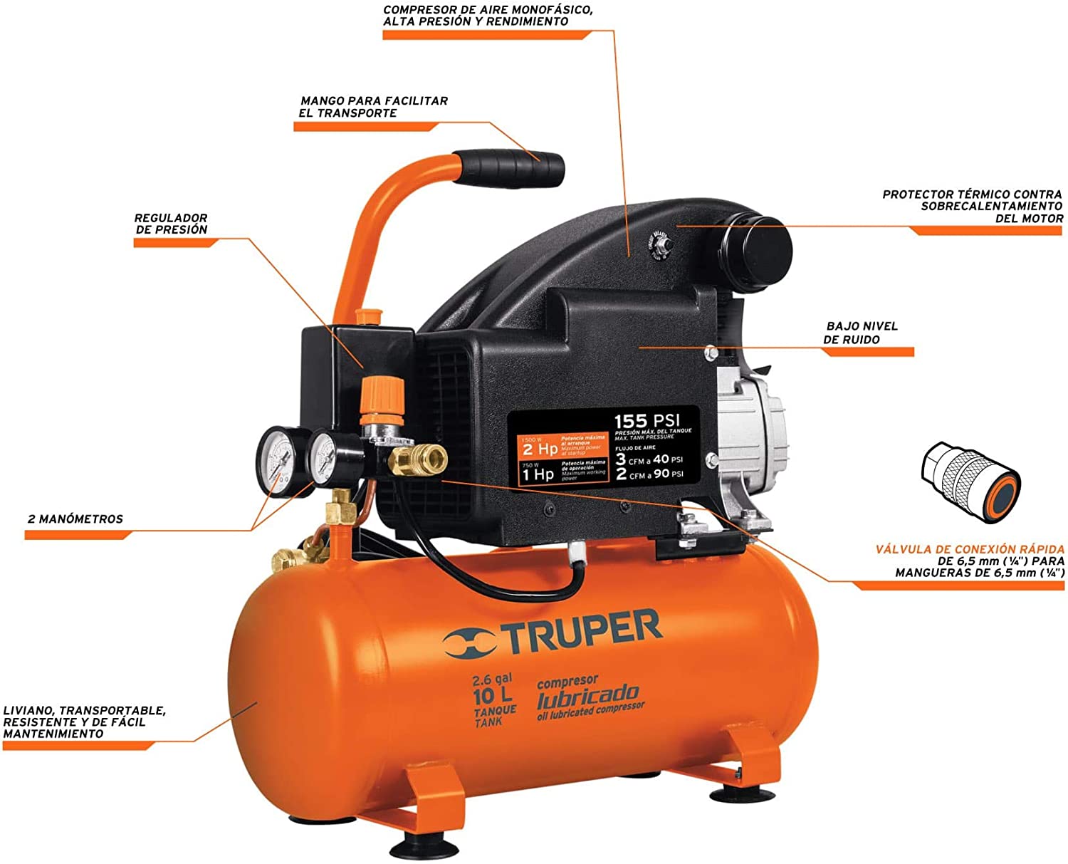 Compresor Lubricado 10 Litros 2 HP COMP-10L