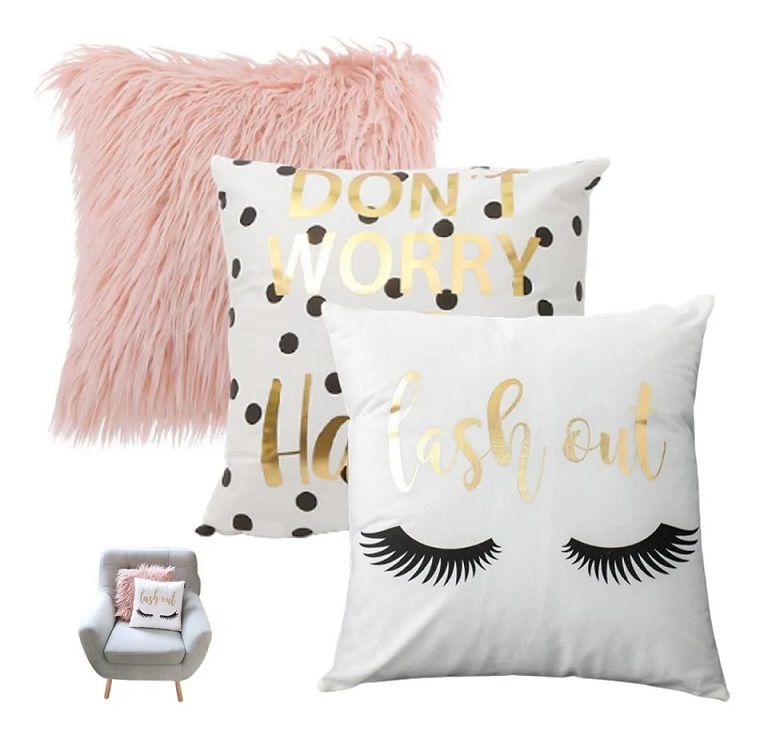 Juego 3 Fundas para Cojín Sillón Recámara Peluche Terciopelo Decoración Nórdica Dorado Rosa