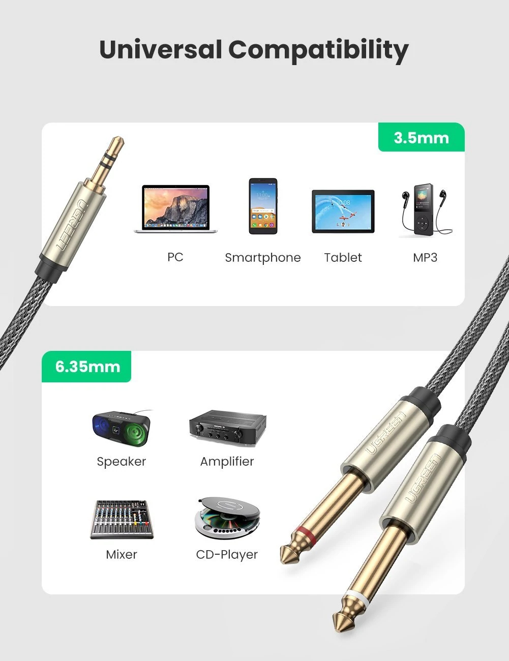 Cable Audio 3.5mm Jack A Doble 6.35mm 2m Mesa Mezclas Ugreen