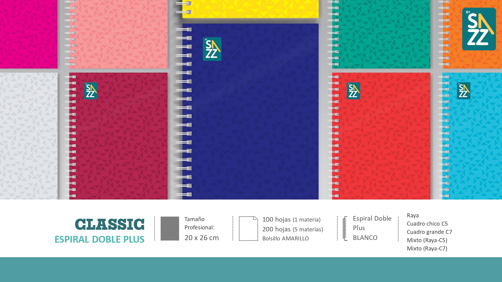 5 Cuadernos Prof Sazz Classic Doble Espiral 100 Hojas Raya