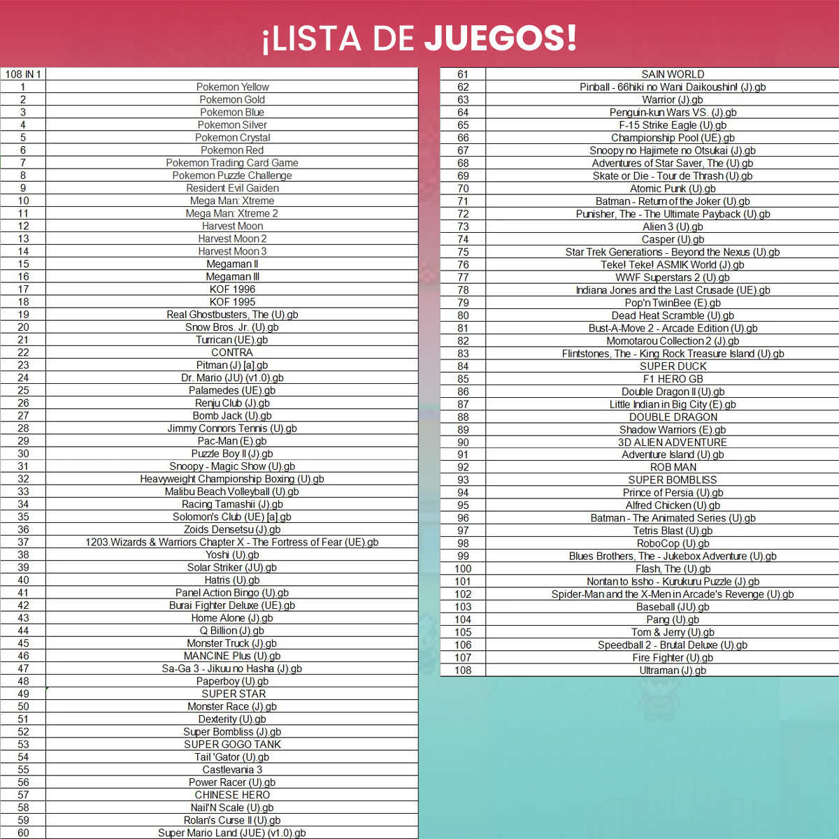 Cartucho Gameboy 108 Juegos Gameboy Color Nintendo Multijuegos 