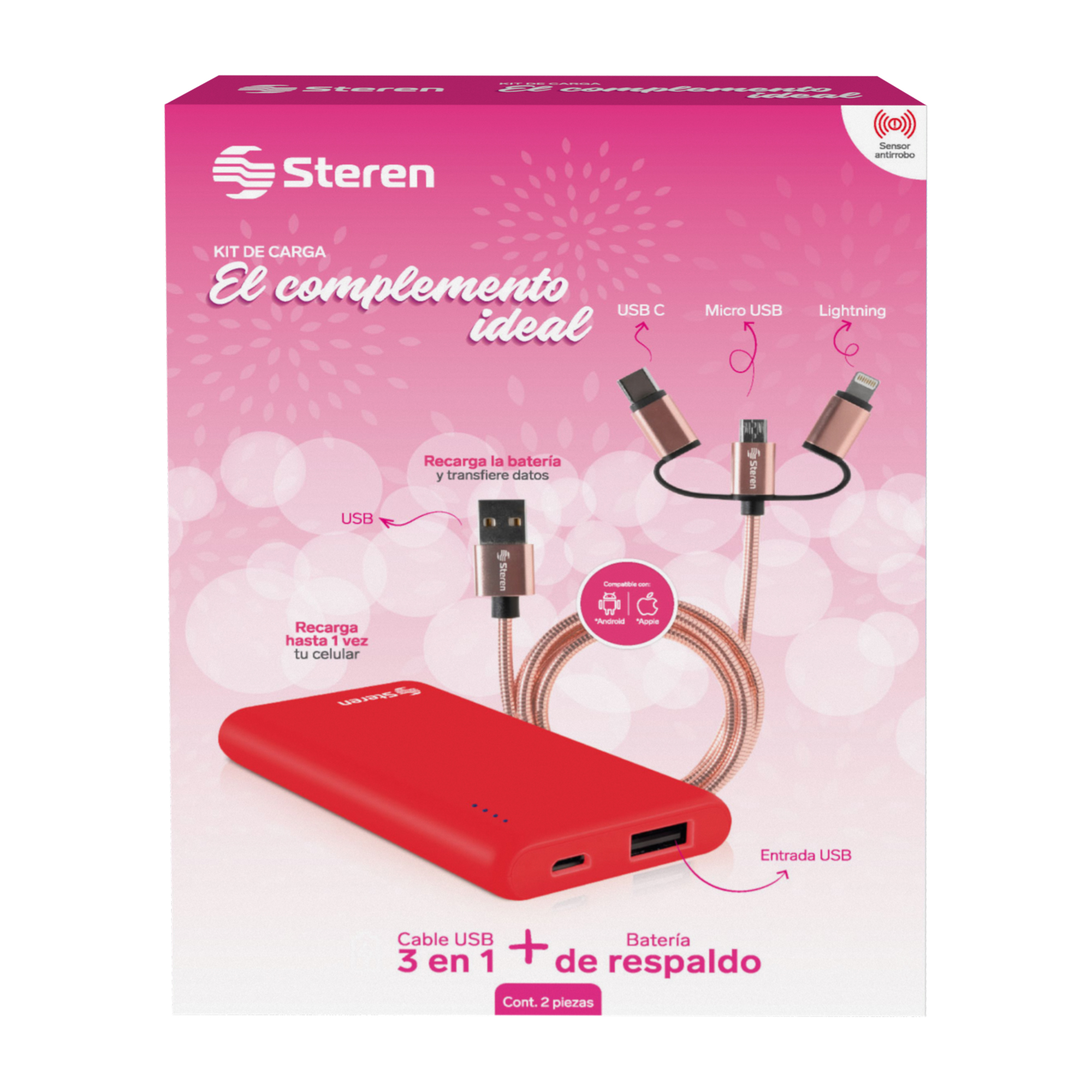 Paquete Batería de Respaldo más Cable 3 en 1 Lightning, Tipo C Steren