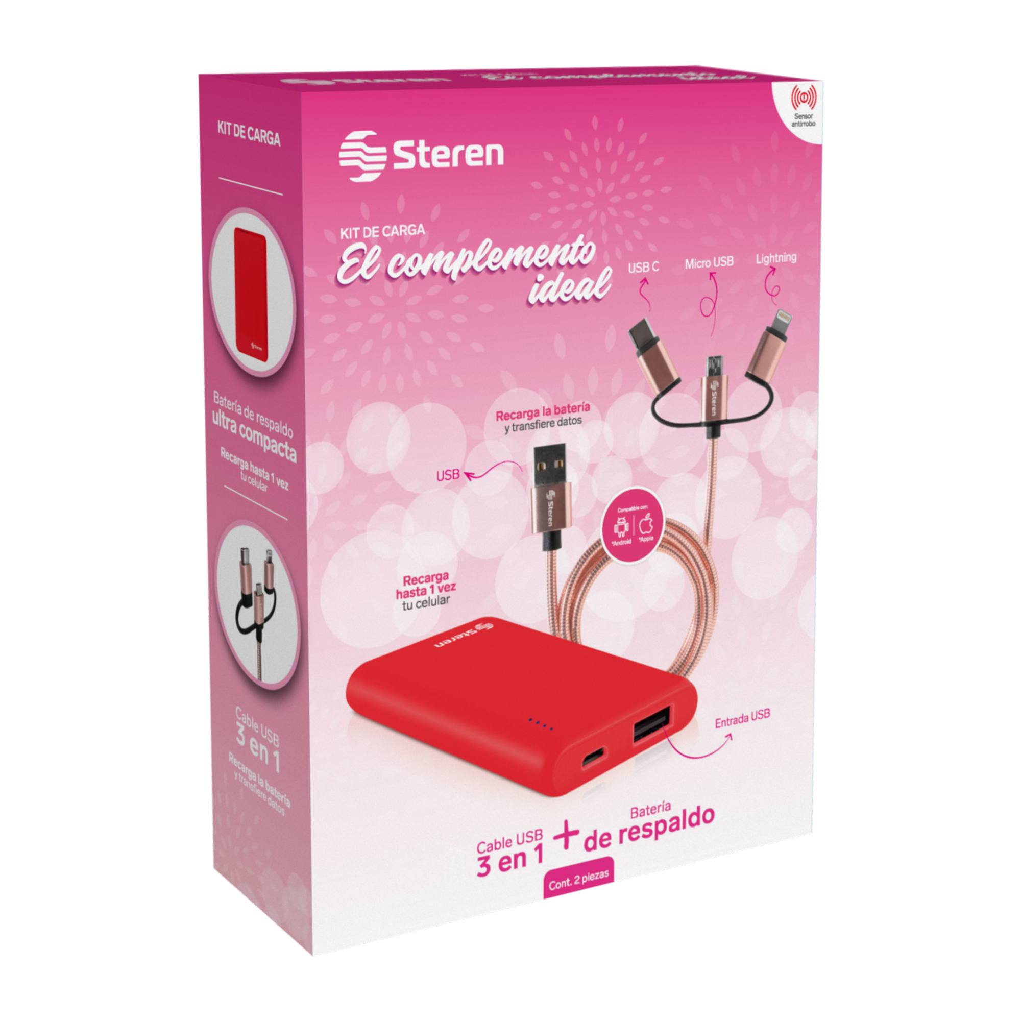 Paquete Batería de Respaldo más Cable 3 en 1 Lightning, Tipo C Steren
