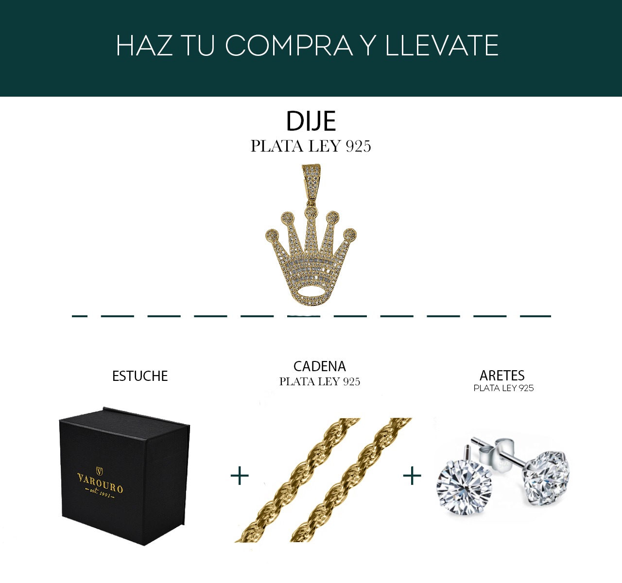 Dije Corona Cadena Torzal 60cm Plata 925 Italia + Estuche.