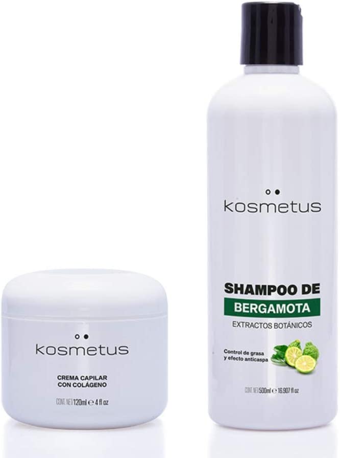 Kit Bergamota. Shampoo Evita Caída de Cabello 500 Ml y Crema Colageno Sella Puntas 120 Grs