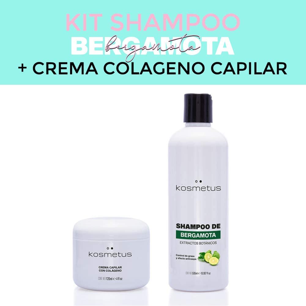 Kit Bergamota. Shampoo Evita Caída de Cabello 500 Ml y Crema Colageno Sella Puntas 120 Grs