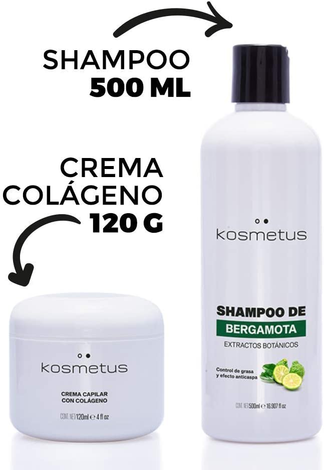 Kit Bergamota. Shampoo Evita Caída de Cabello 500 Ml y Crema Colageno Sella Puntas 120 Grs