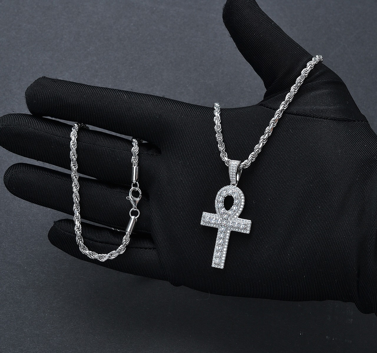Dije Cruz Egipcia Y Cadena Torzal Plata 925 Italia + Estuche.