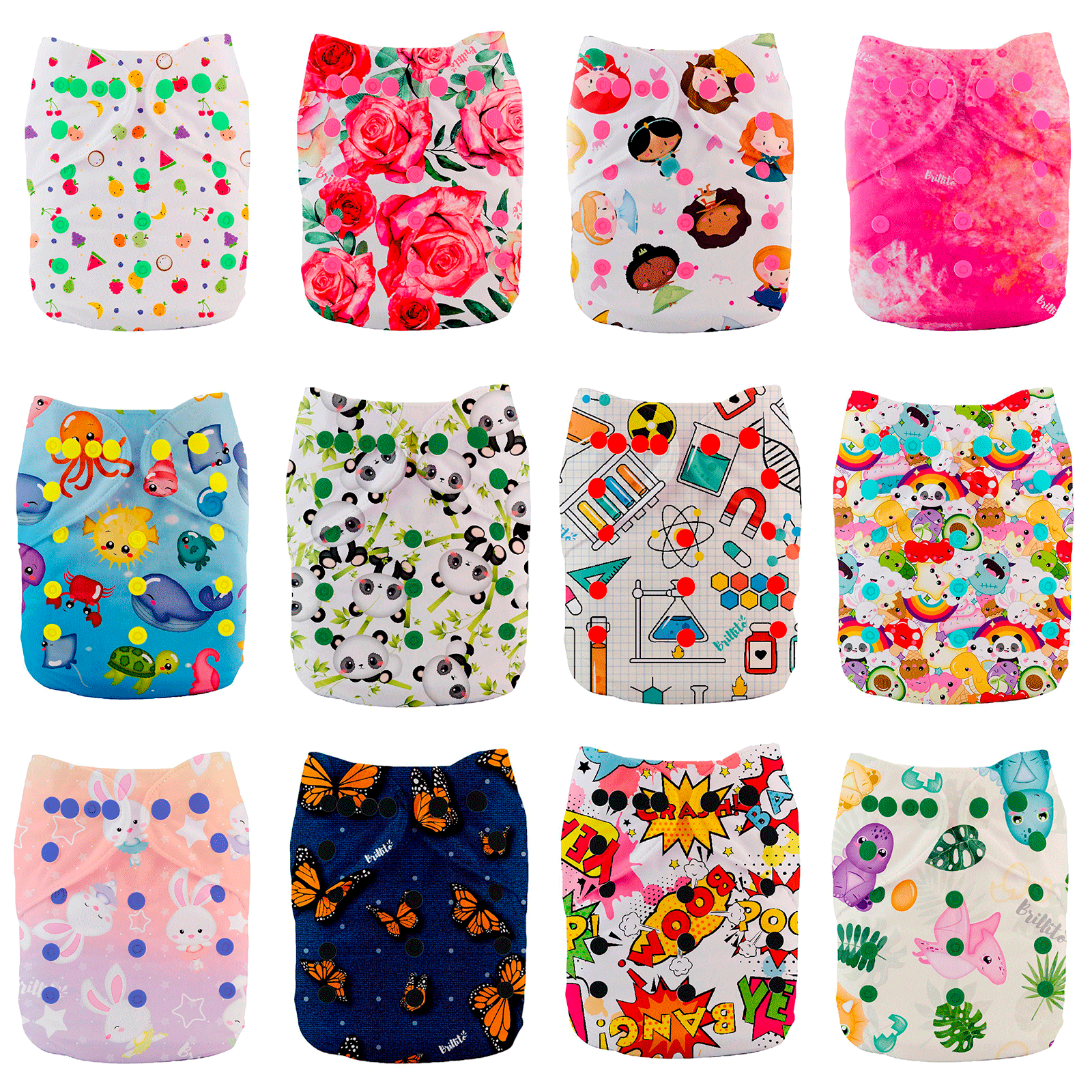 Pañales ecológicos Brillito 5 pack unitalla, lavables con broche