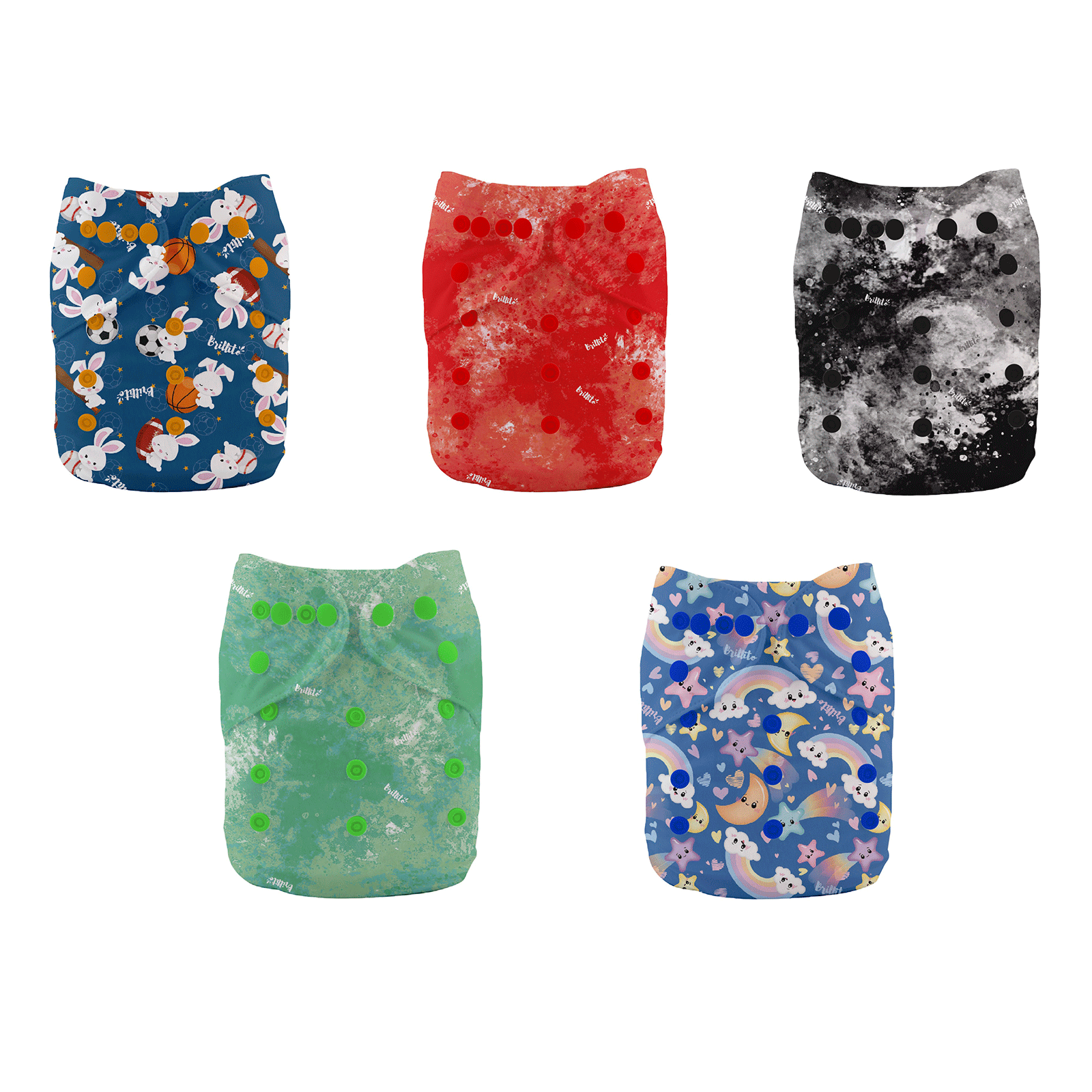 Pañales ecológicos Brillito 5 pack unitalla, lavables con broche