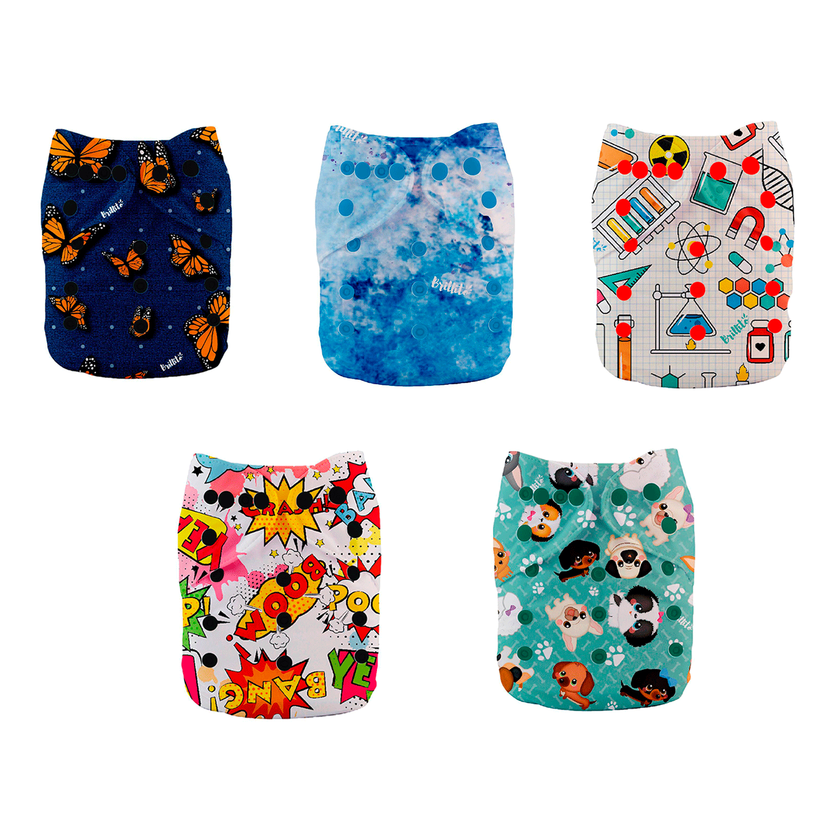 Pañales ecológicos Brillito 5 pack unitalla, lavables con broche