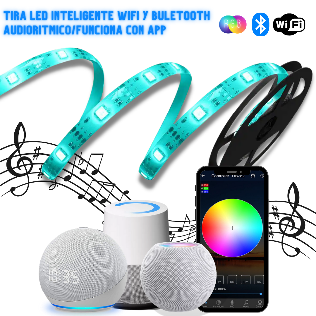 Tira Led Wifi RGB 5050 10 Metros 2 Rollos de 5 M Anti Agua Compatible Con Alexa Google Assistant Siri DOSYU