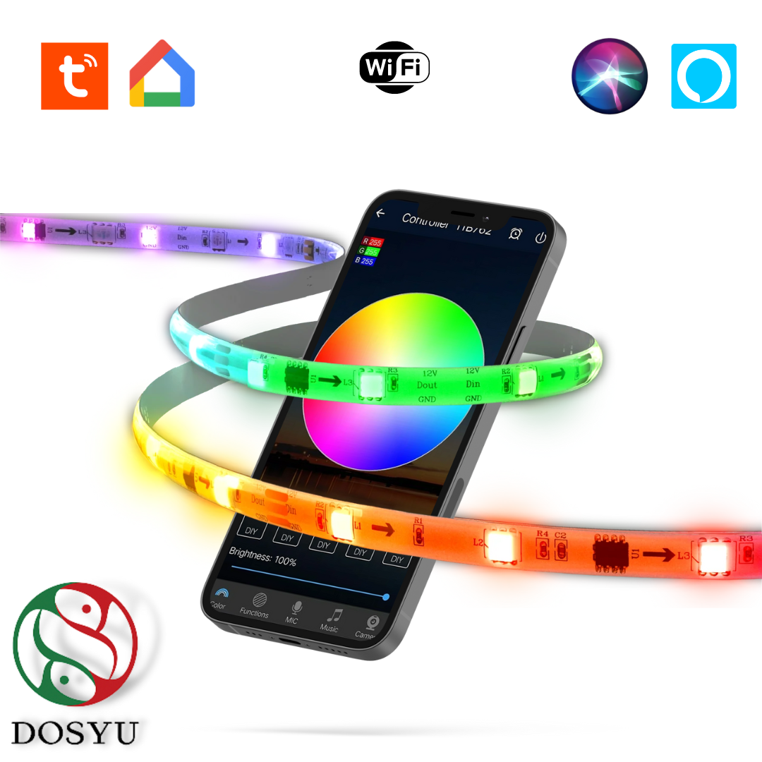 Tira Led Wifi RGB 5050 10 Metros 2 Rollos de 5 M Anti Agua Compatible Con Alexa Google Assistant Siri DOSYU