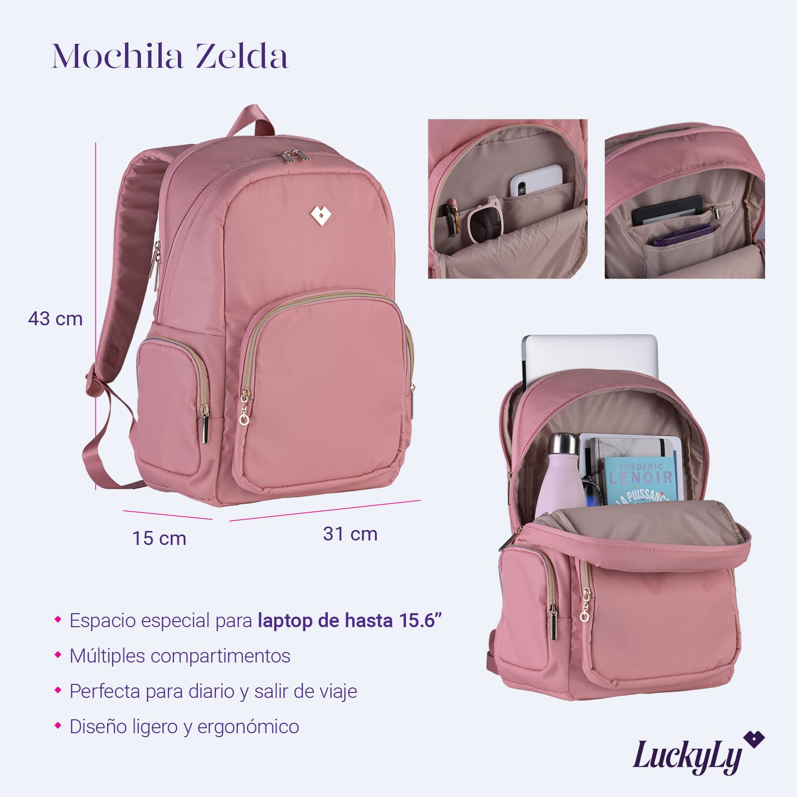 LuckyLy Mochila para Laptop Mujer hasta 15.6 Pulgadas, Moderna con Múltiples Compartimentos, Modelo Zelda, Rosa