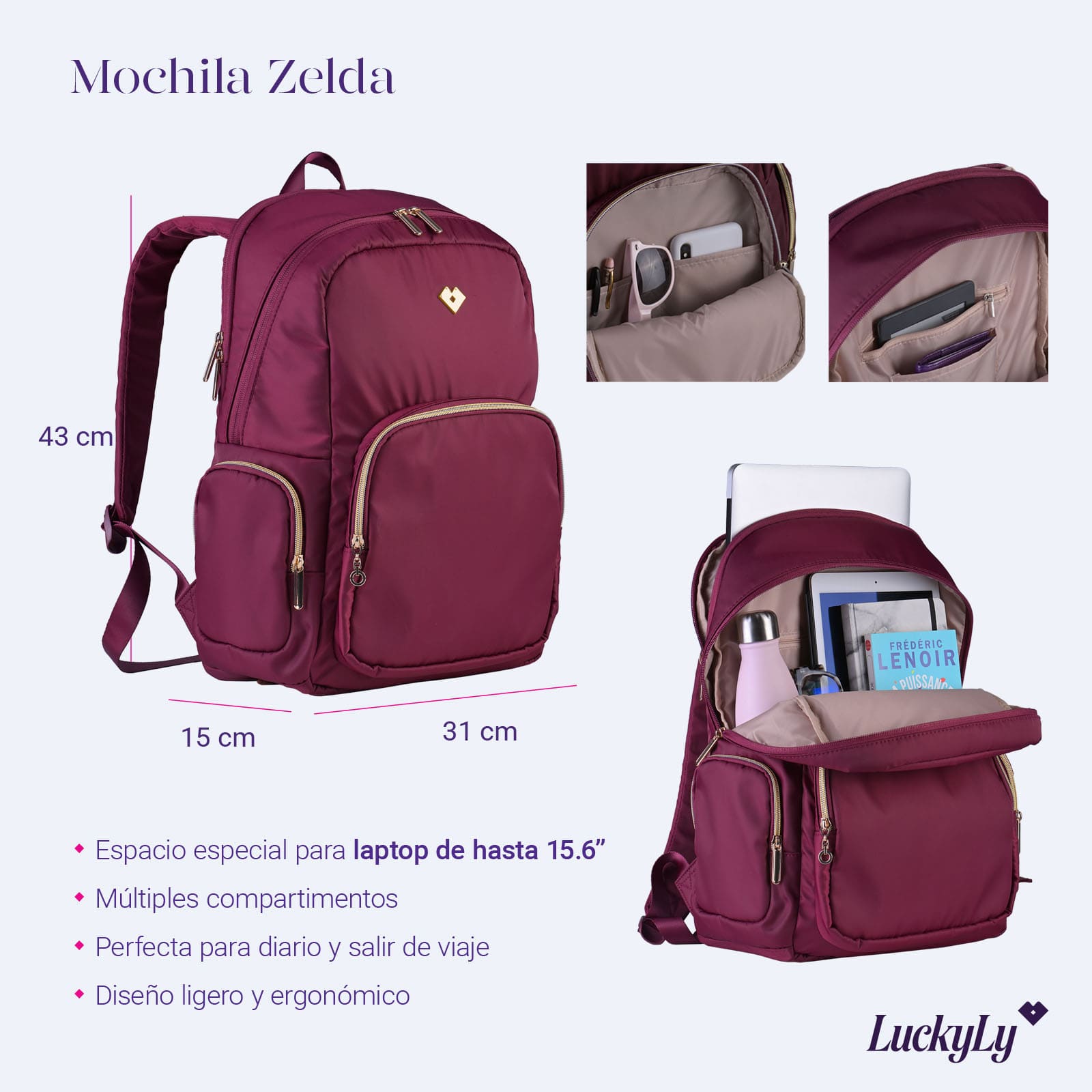 LuckyLy Mochila para Laptop Mujer hasta 15.6 Pulgadas, Moderna con Múltiples Compartimentos, Modelo Zelda, Vino