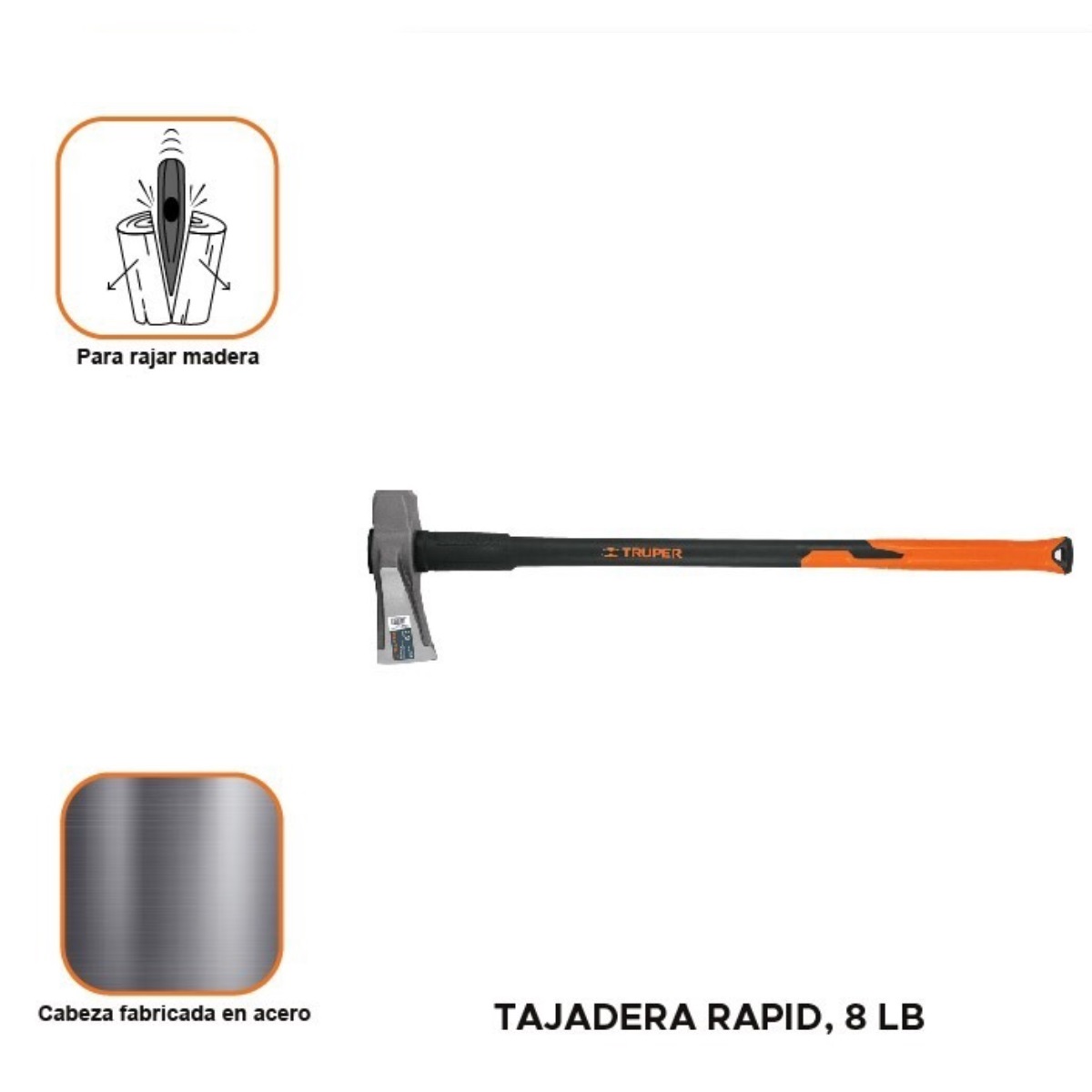 Hacha para rajar madera leña 8 lbs, mango fibra de vidrio 36" Truper