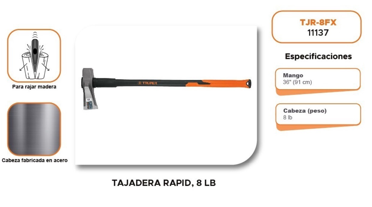 Hacha para rajar madera leña 8 lbs, mango fibra de vidrio 36" Truper