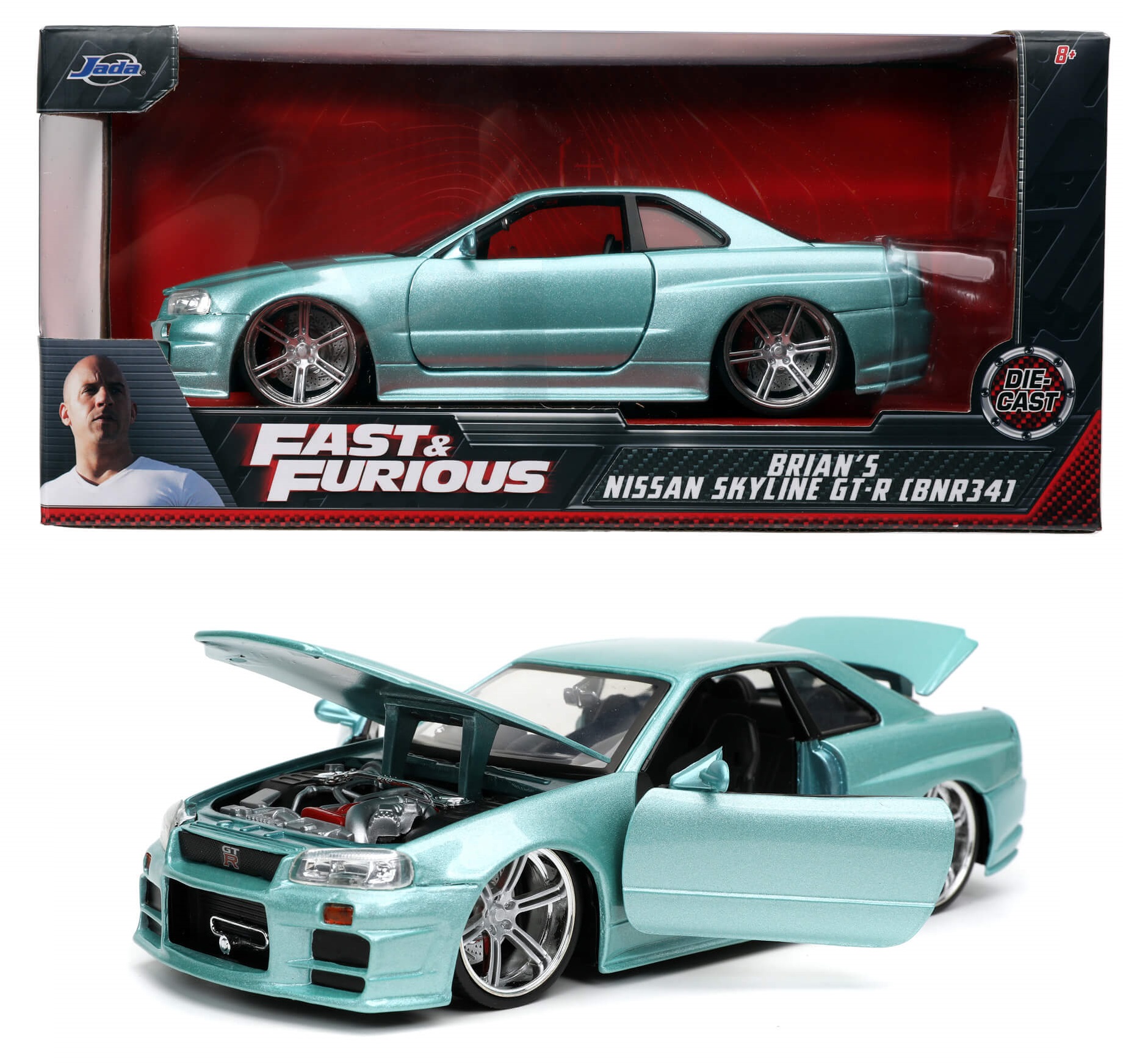 Brian 2002 Nissan Skyline GT-R BNR34 AQUA Rapido y Furioso JADA TOYS ESCALA 1:24