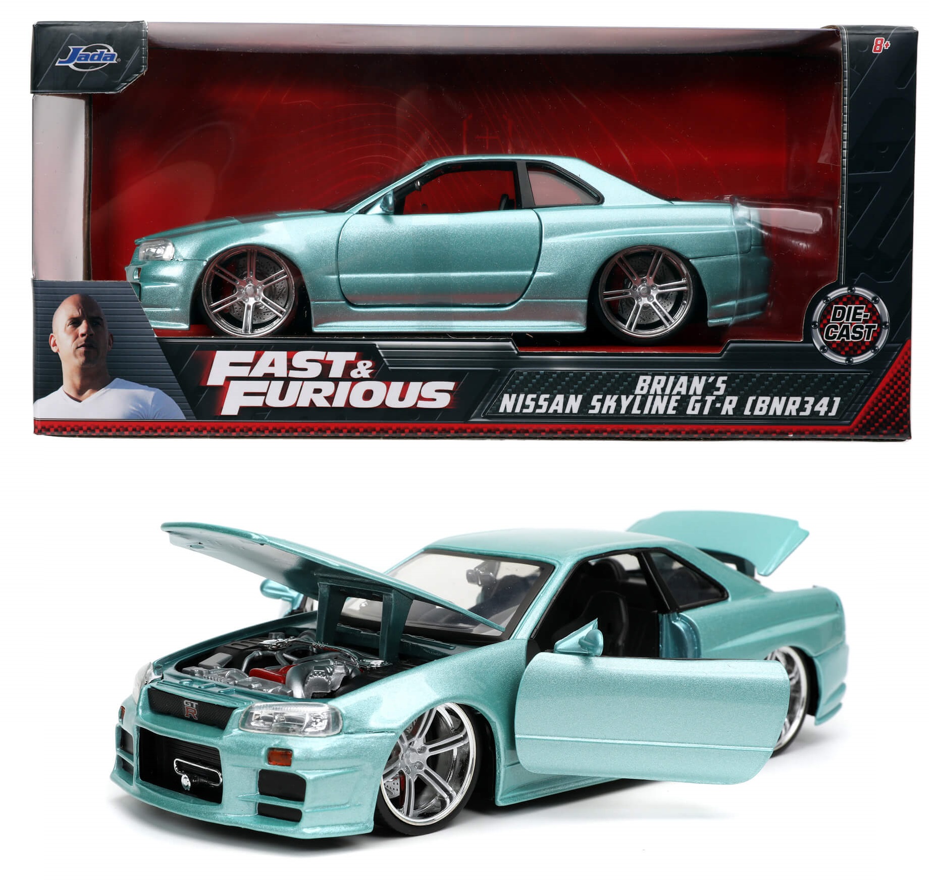 Brian 2002 Nissan Skyline GT-R BNR34 AQUA Rapido y Furioso JADA TOYS ESCALA  1:24