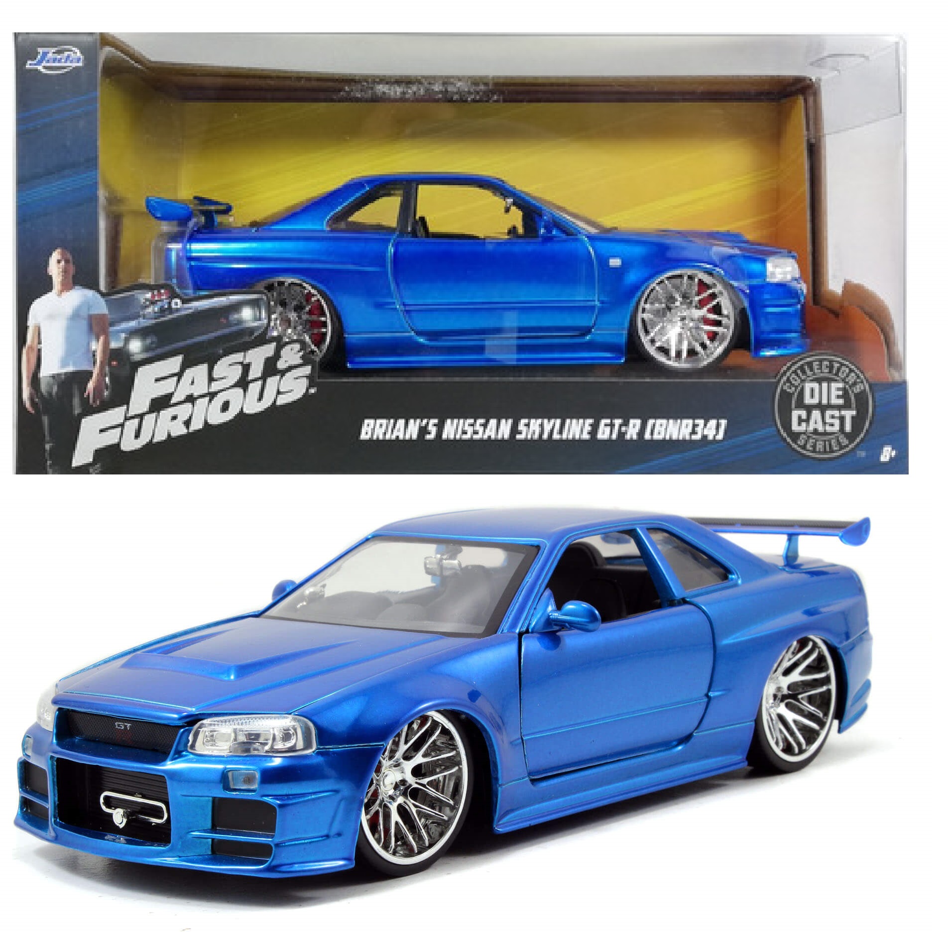 Brian 2002 Nissan Skyline GT-R BNR34 AZUL Rapido y Furioso JADA TOYS ESCALA 1:24