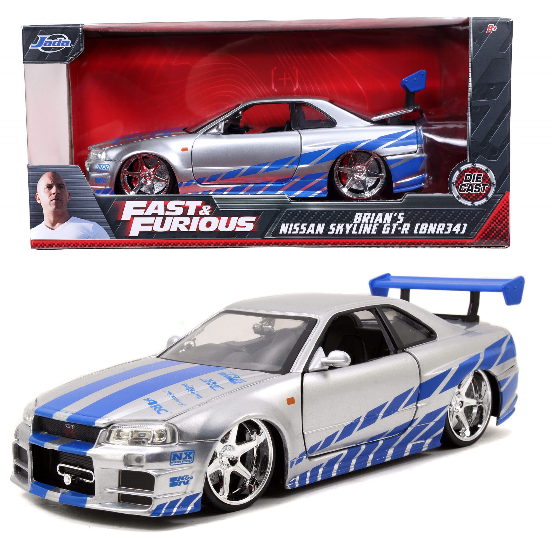 Brian 2002 Nissan Skyline GT-R BNR34 PLATA Rapido y Furioso JADA TOYS ESCALA 1:24