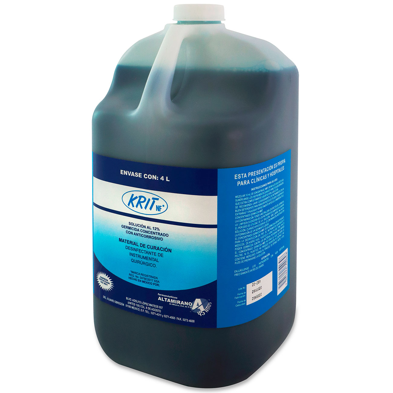 Kit de 3 Piezas KRIT 4L Solución Antiséptica, Bactericida, Grado Medico Quirúrgico - Médica Depot