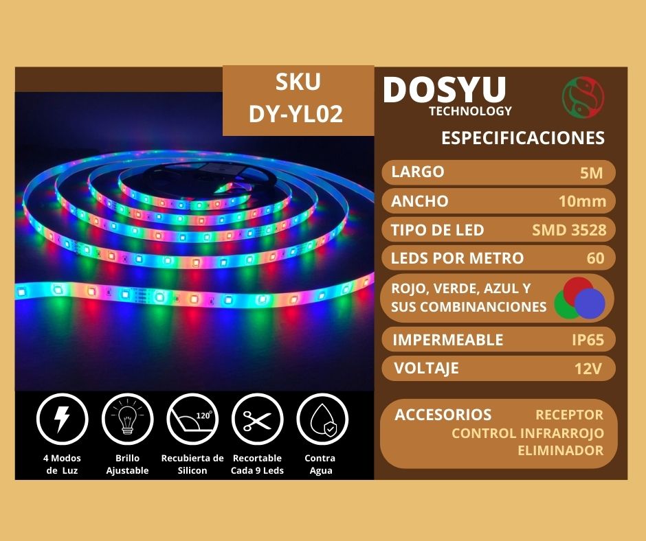 Tira Led Multicolor 3528 5 Metros Luces Para Decoración Interior y Exterior Anti Agua Dosyu
