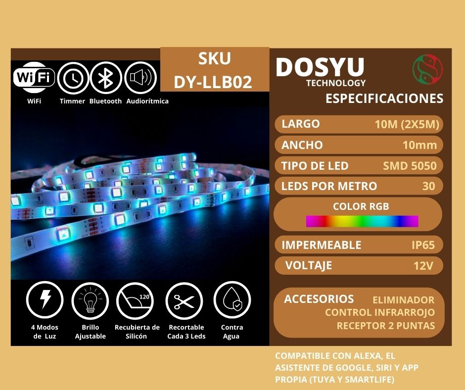 Tira Led Wifi RGB 5050 10 Metros 2 Rollos de 5 M Anti Agua Compatible Con Alexa Google Assistant Siri DOSYU