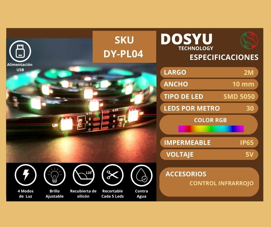 Tira de luces LED Multicolor usb 60 leds control remoto RGB 2M. DOSYU  DY-PL04